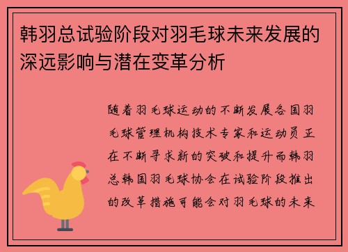 韩羽总试验阶段对羽毛球未来发展的深远影响与潜在变革分析 韩羽总试验阶段对羽毛球未来发展的深远影响与潜在变革分析