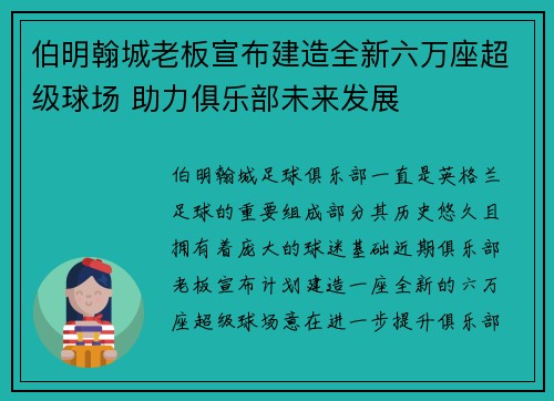 伯明翰城老板宣布建造全新六万座超级球场 助力俱乐部未来发展